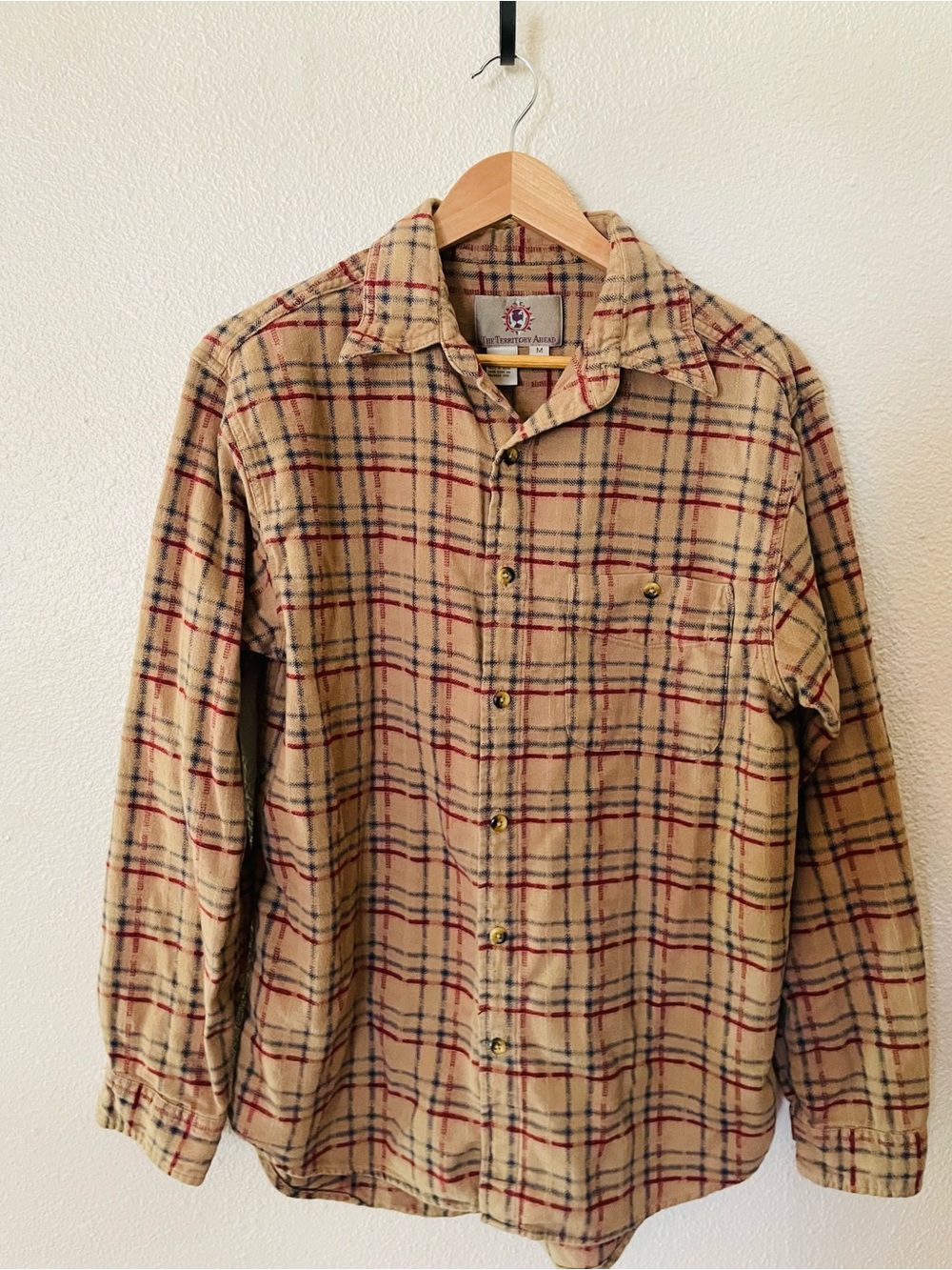 The Territory Ahead Beige Plaid Button-Down Flannel Shirt 100% Cotton Size Med